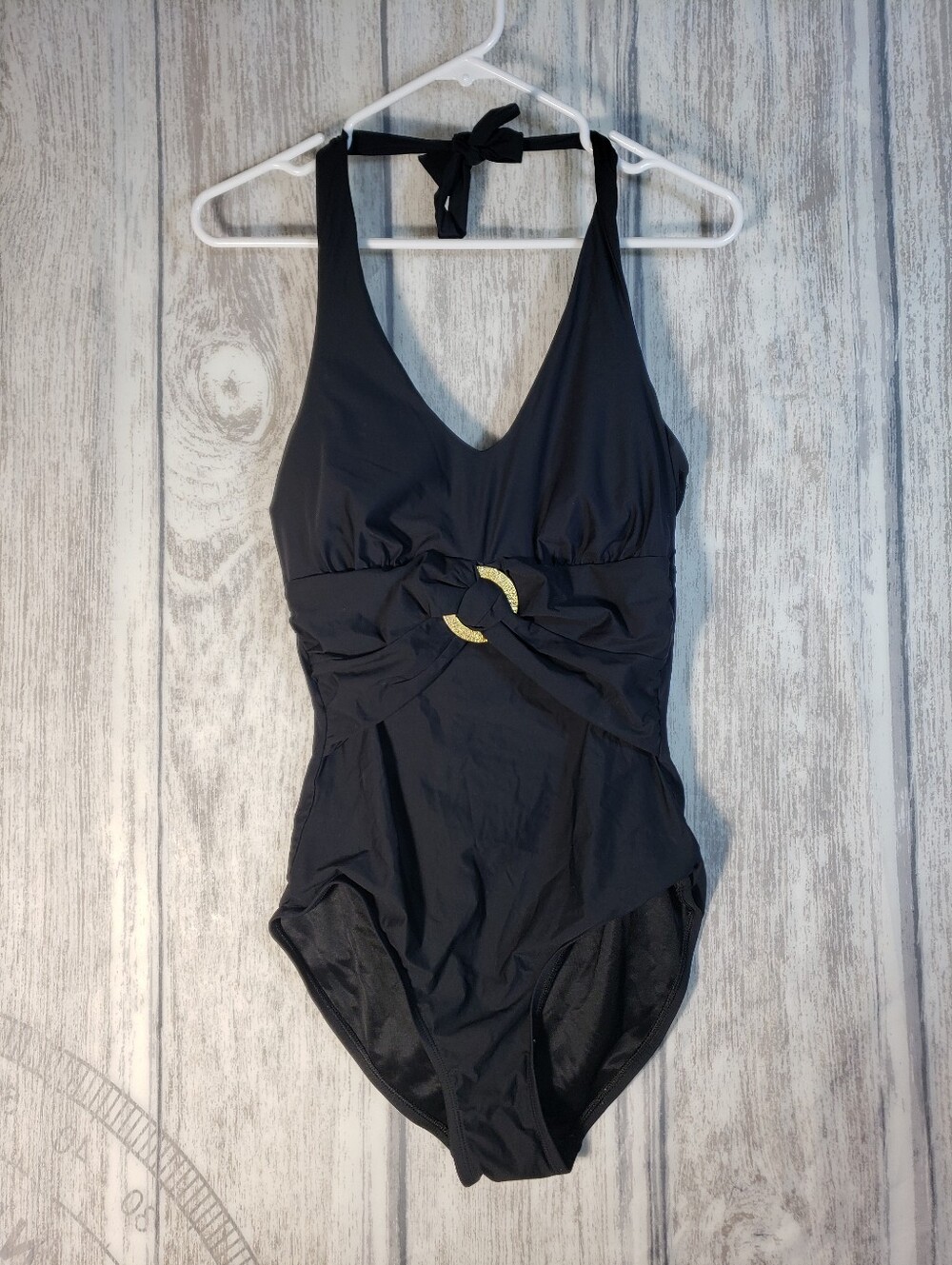 SPANX Black Halter One-Piece Swimsuit with Gold Ring Detail Size 10